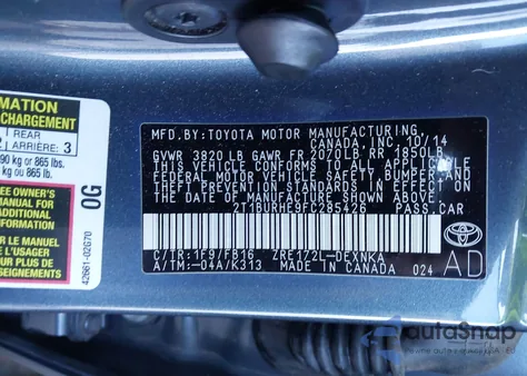 2015 Toyota Corolla Le из США, поврежденный, VIN 2T1BURHE9FC285426